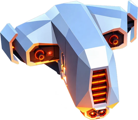 The Cosmic Escape ship, a low-poly silver craft with glowing ember-orange engines
