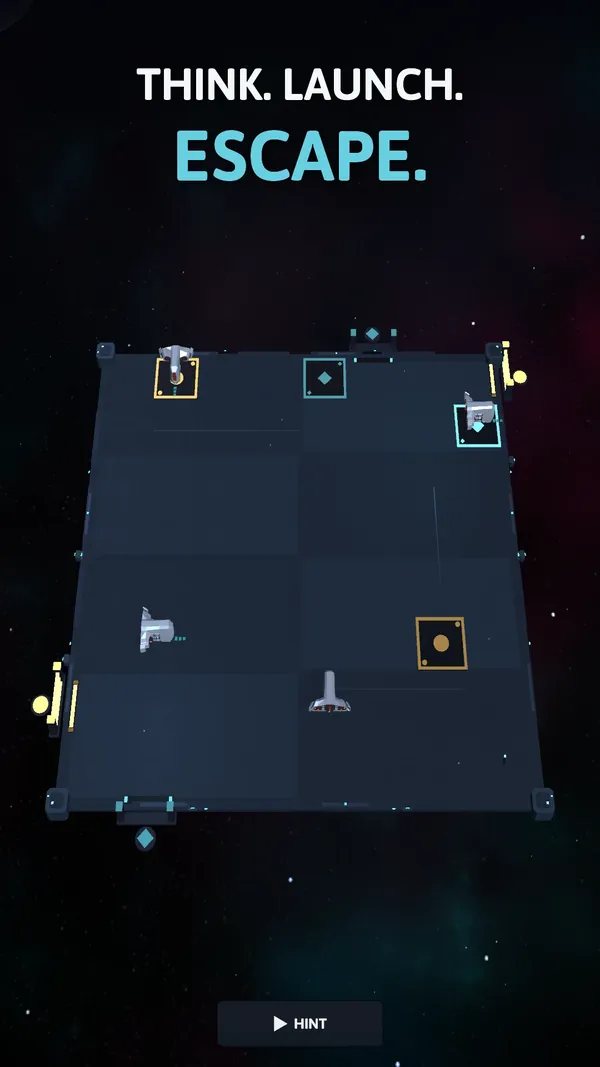 Cosmic Escape gameplay: launching a ship toward the gate, with the headline “Think. Launch. Escape.”