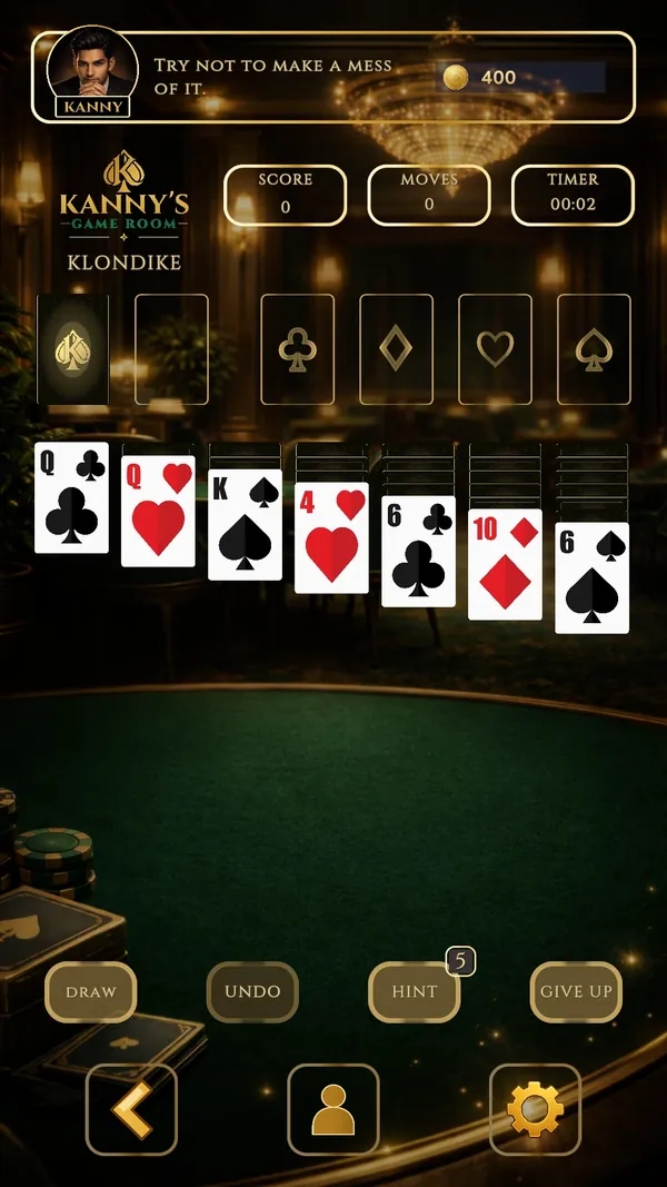 Klondike Solitaire in Kanny's Game Room, with Kanny's commentary banner above the table