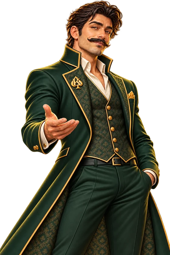 Classic Kanny in his emerald card-room coat, welcoming you to the table